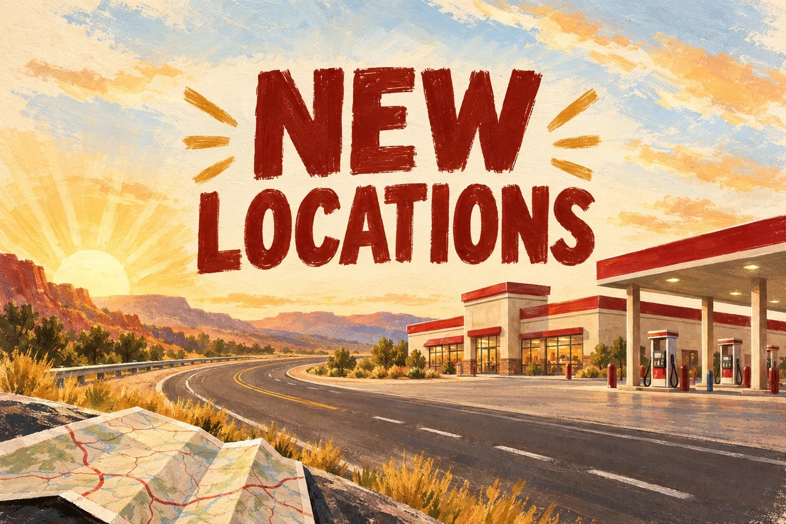 NEW LOCATIONS in large red lettering above an original travel center and paper map