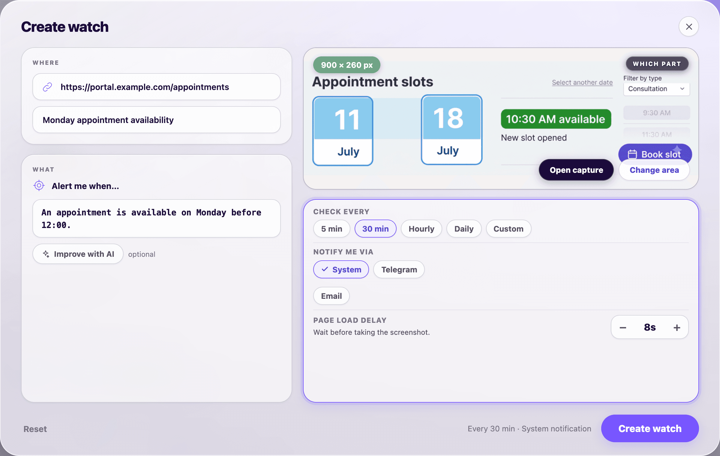 PageDog Create watch view filled with an appointment portal, selected availability area, Monday morning condition, thirty-minute schedule, and page load delay.