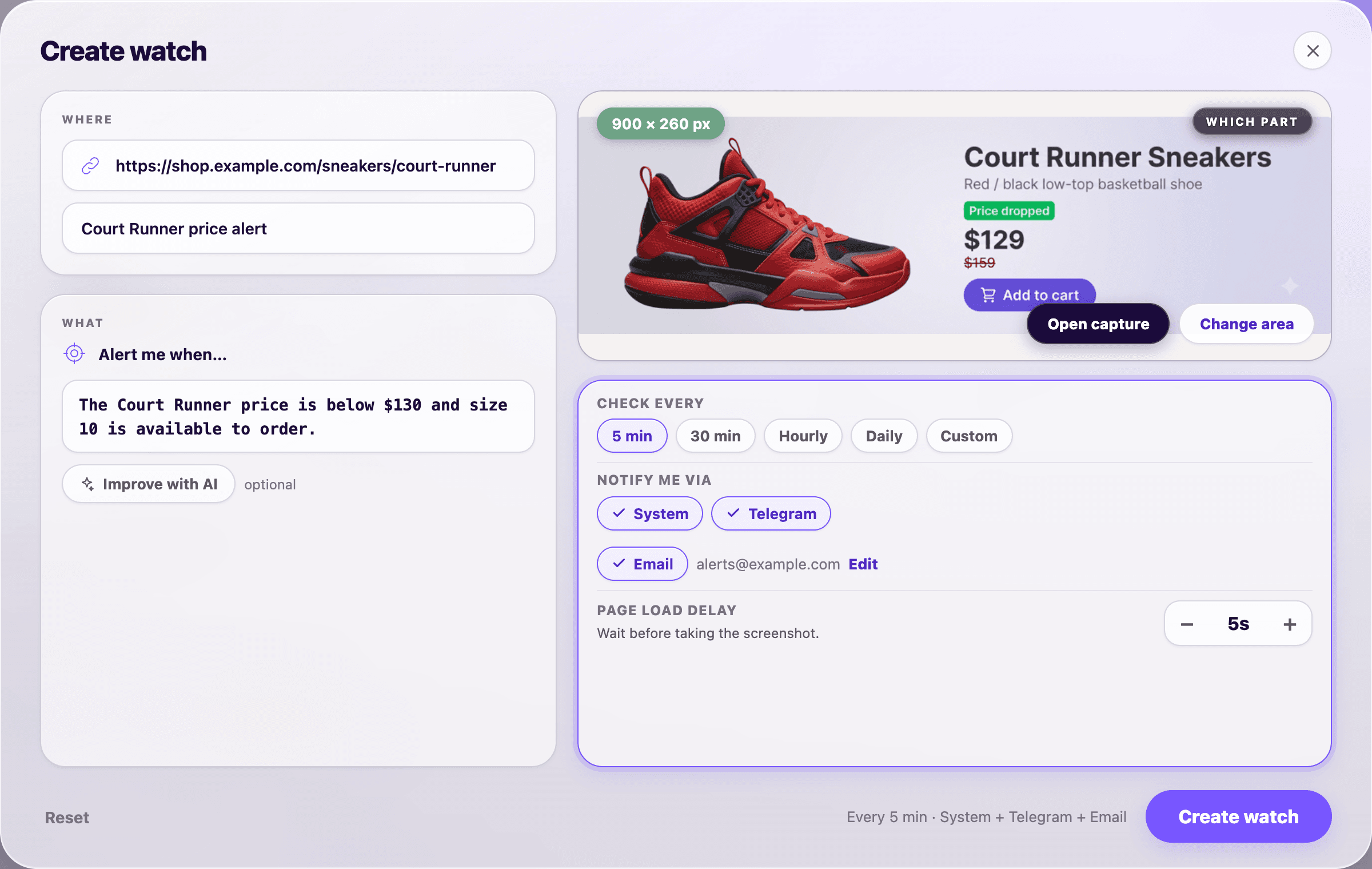 PageDog Create watch view filled with a Court Runner sneaker page, selected product area, price and size condition, five-minute schedule, and email alert.