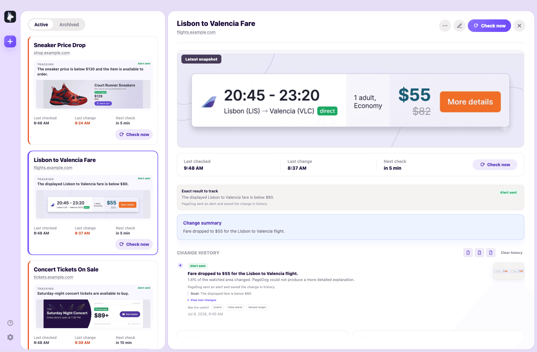 PageDog detail view showing a changed flight price area, history, and watch settings.