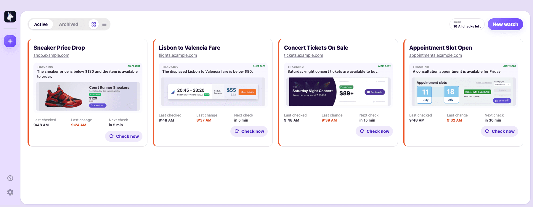 PageDog watch list showing active website monitors, latest changes, and next check times.